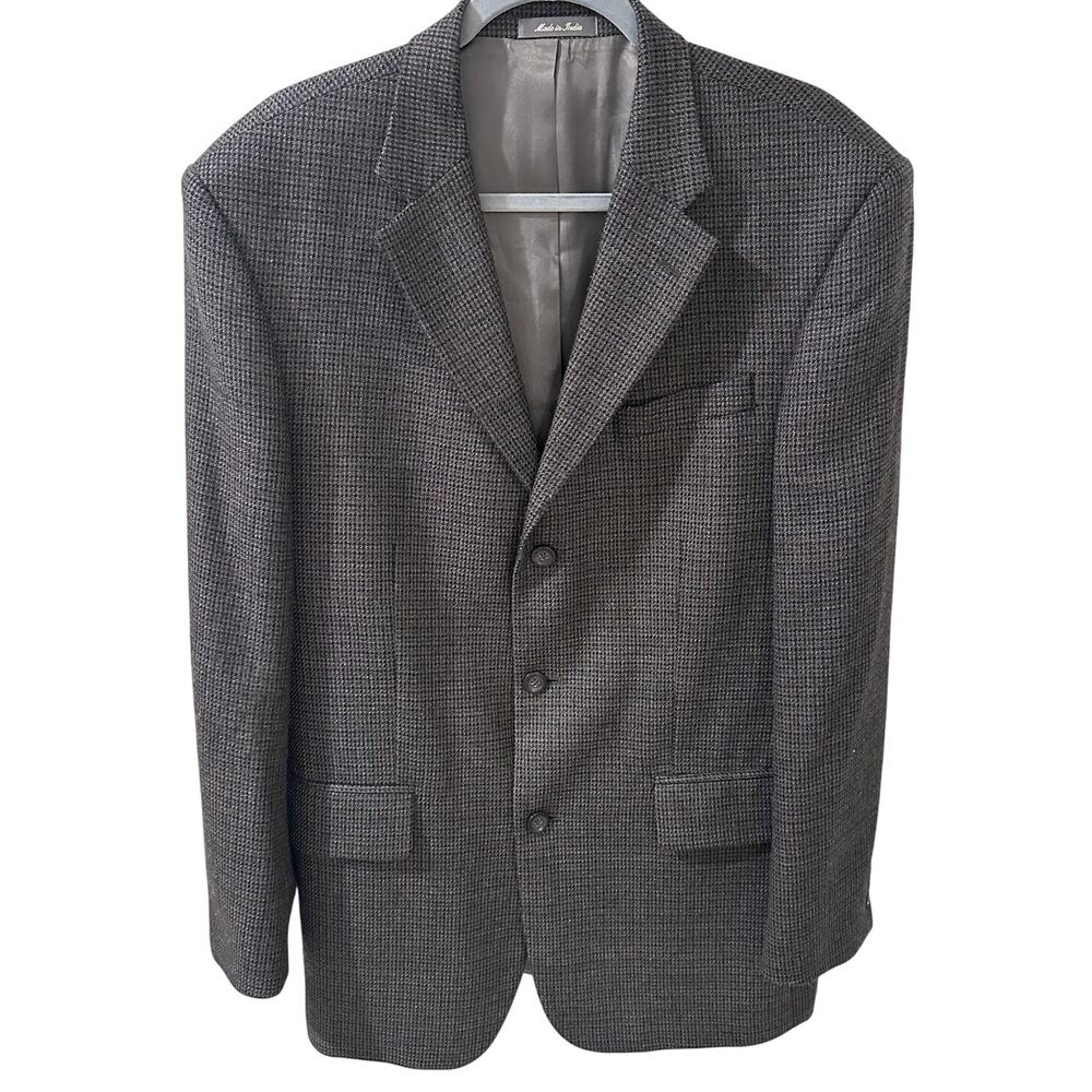 Oscar de la Renta Gray Mini Check Plaid Herringbone Lambswool Blazer, 42R